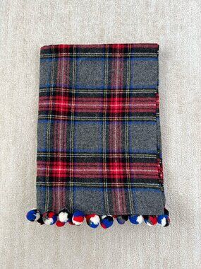 J. Crew Wool Tartan Plaid Pom Pom Scarf Wrap